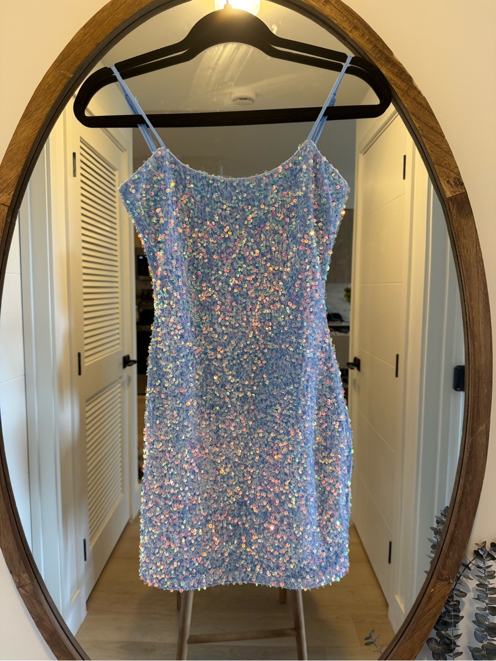 VELVI Sequin Mini Dress - Light Blue Glitter Spaghetti Strap